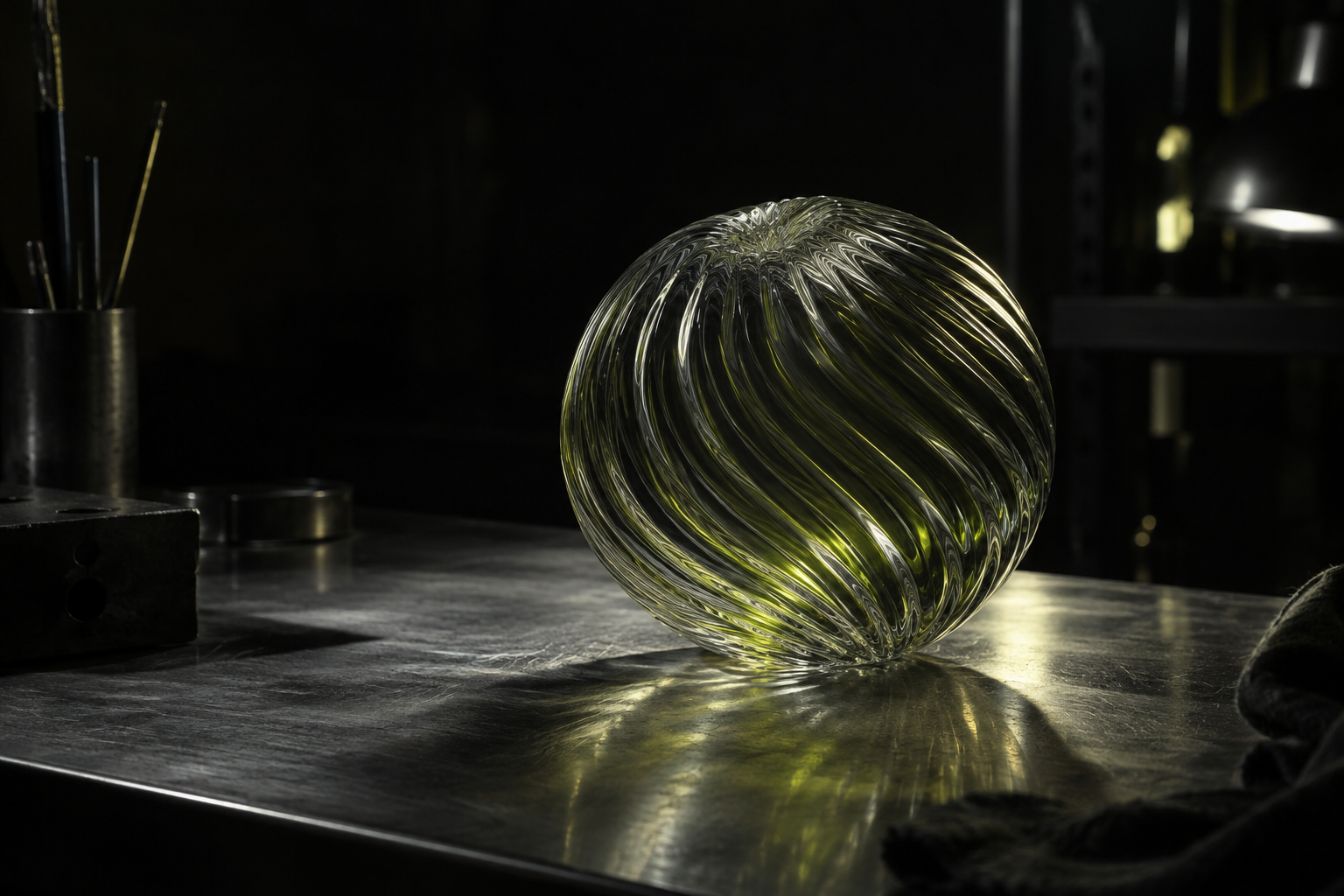 Concept study: a translucent sculptural object in a dark experimental workshop